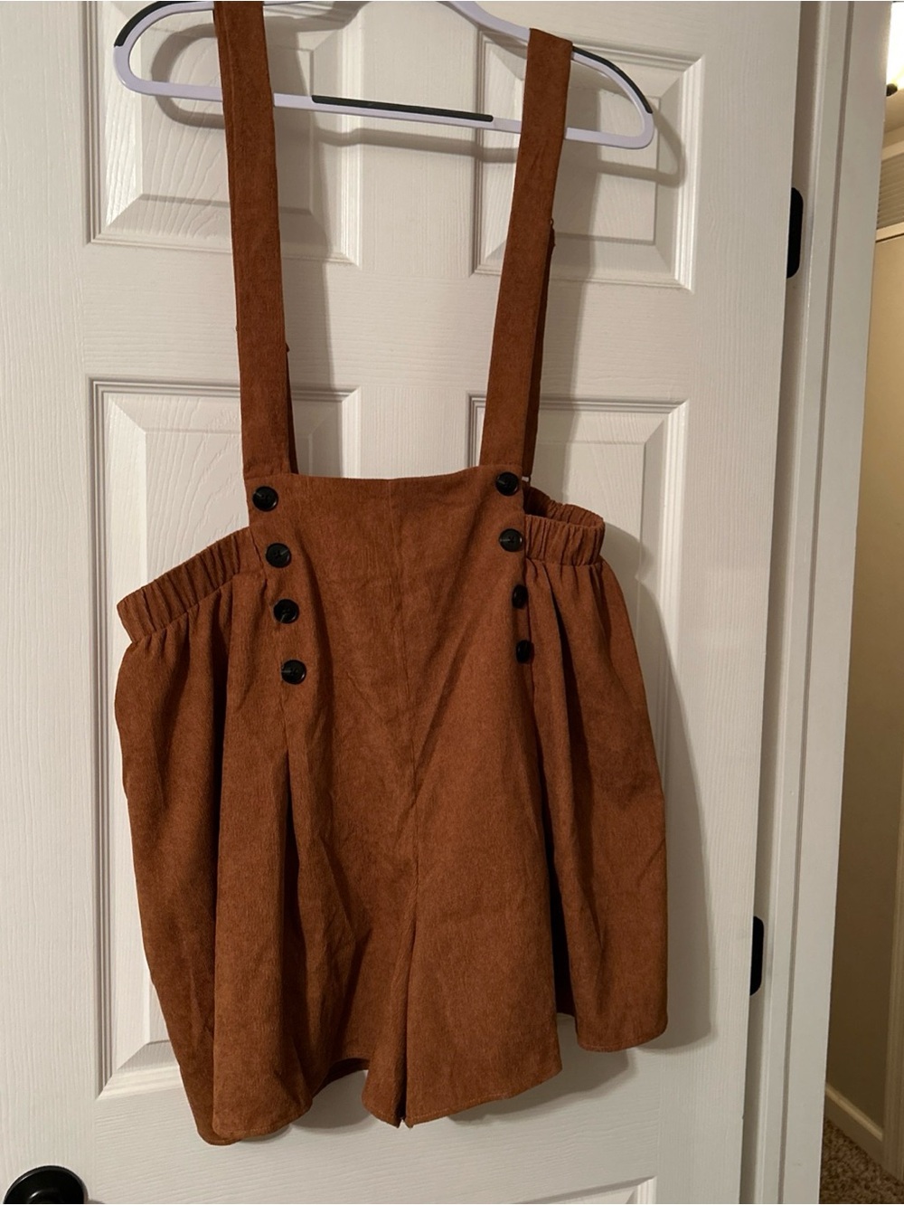 Brown Corduroy Suspender Skirt-Style Shorts with Button Detail